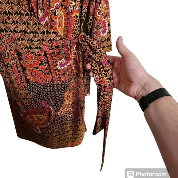 Liz Claiborne Petite L Boho Paisley Wrap Dress Retro Mod Fall Party Chic Elegant - Picture 3 of 8